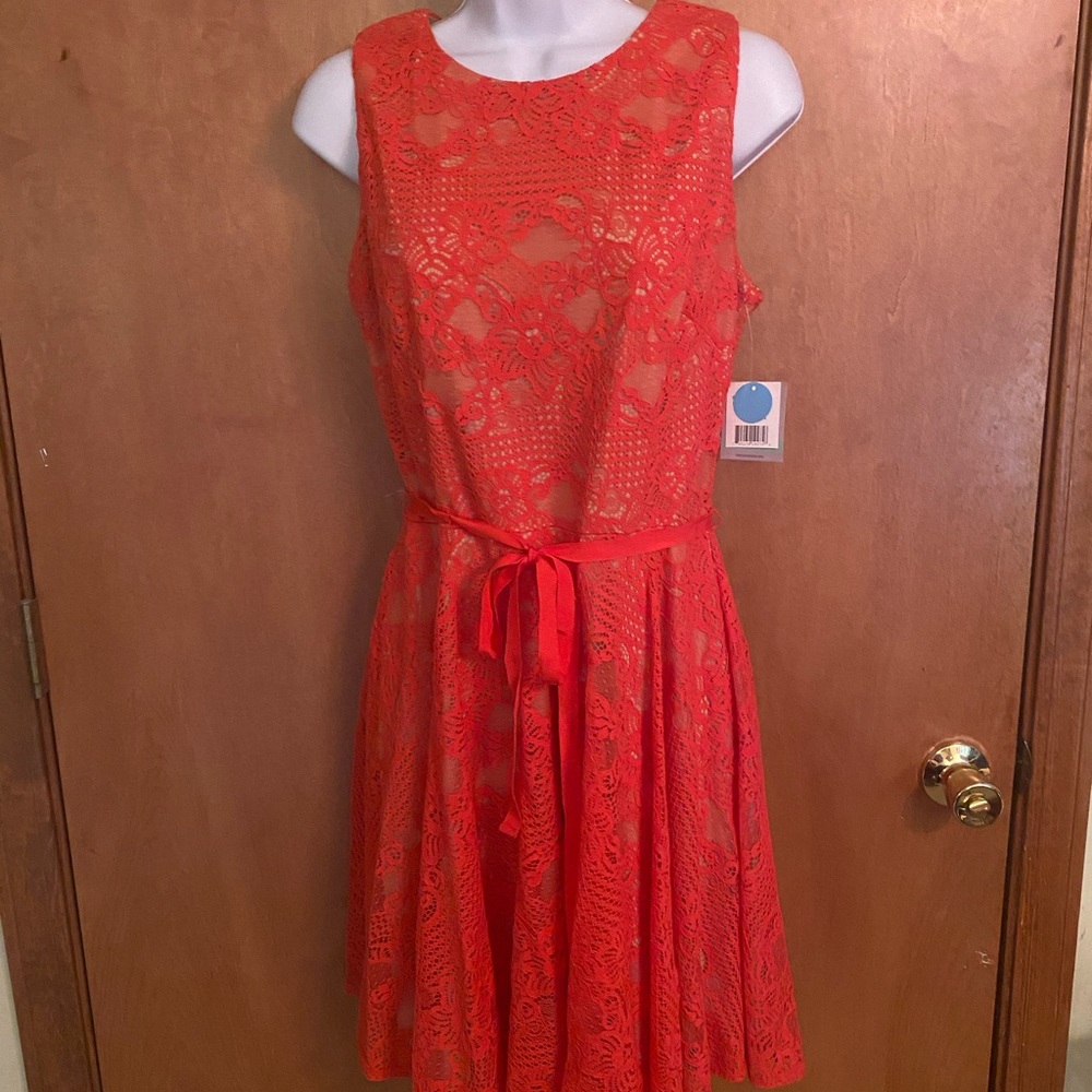Coral lace dress sleeveless belted size 8 NEW